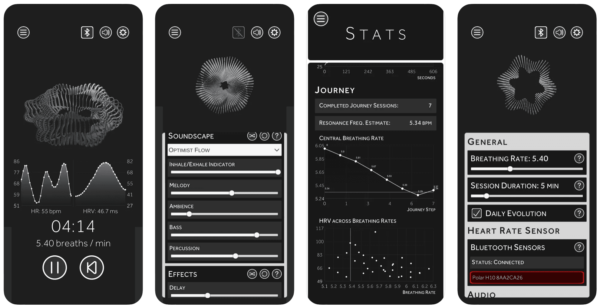 Yudemon HRV app screens: geometric breathing visuals, live heart rate graph, and Journey Mode